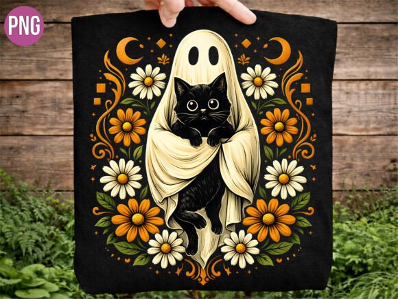Cute Ghost Cat Halloween T-Shirt PNG