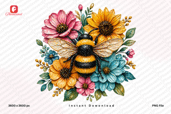 Hand Painted Floral Bumble Bee PNG