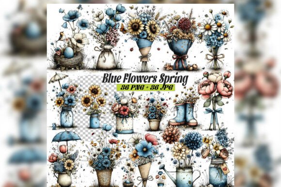 Whimsical Blue Spring Flowers Clipart: Elevating Your Creative Projects with Soft Watercolor Elegance