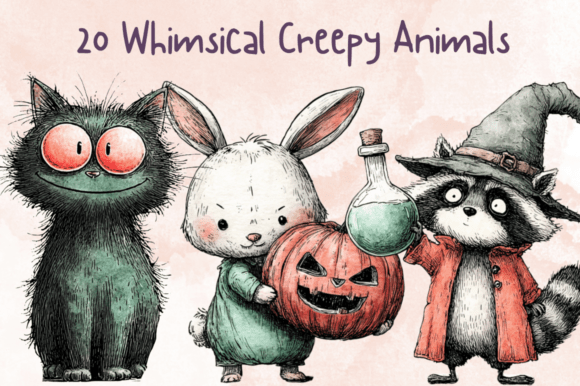 Whimsical Creepy Animals Clipart Set: Elevating Your Halloween Designs with Spooky-Cute Charm
